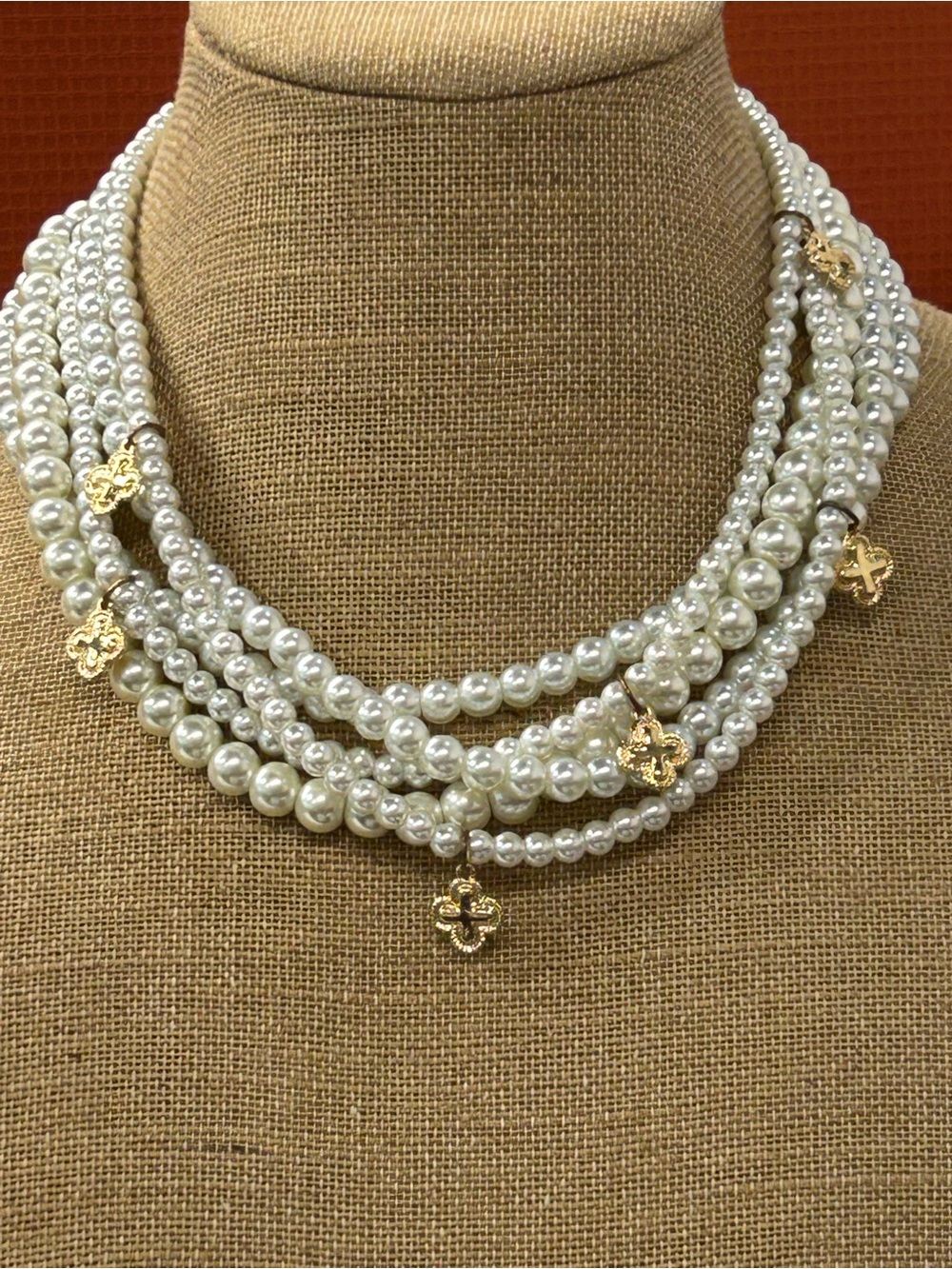 Pearl Multi-Strand Necklace with Gold Clover Charms